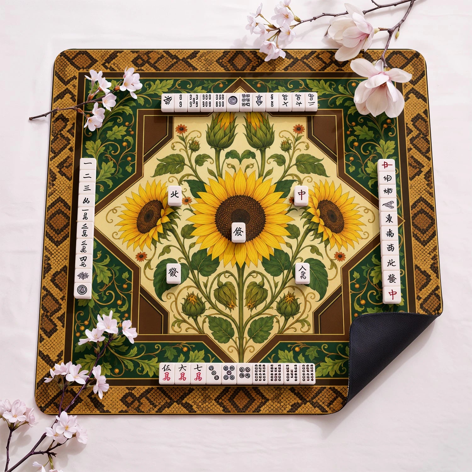 Sunflower design close-up on mahjong mat surface