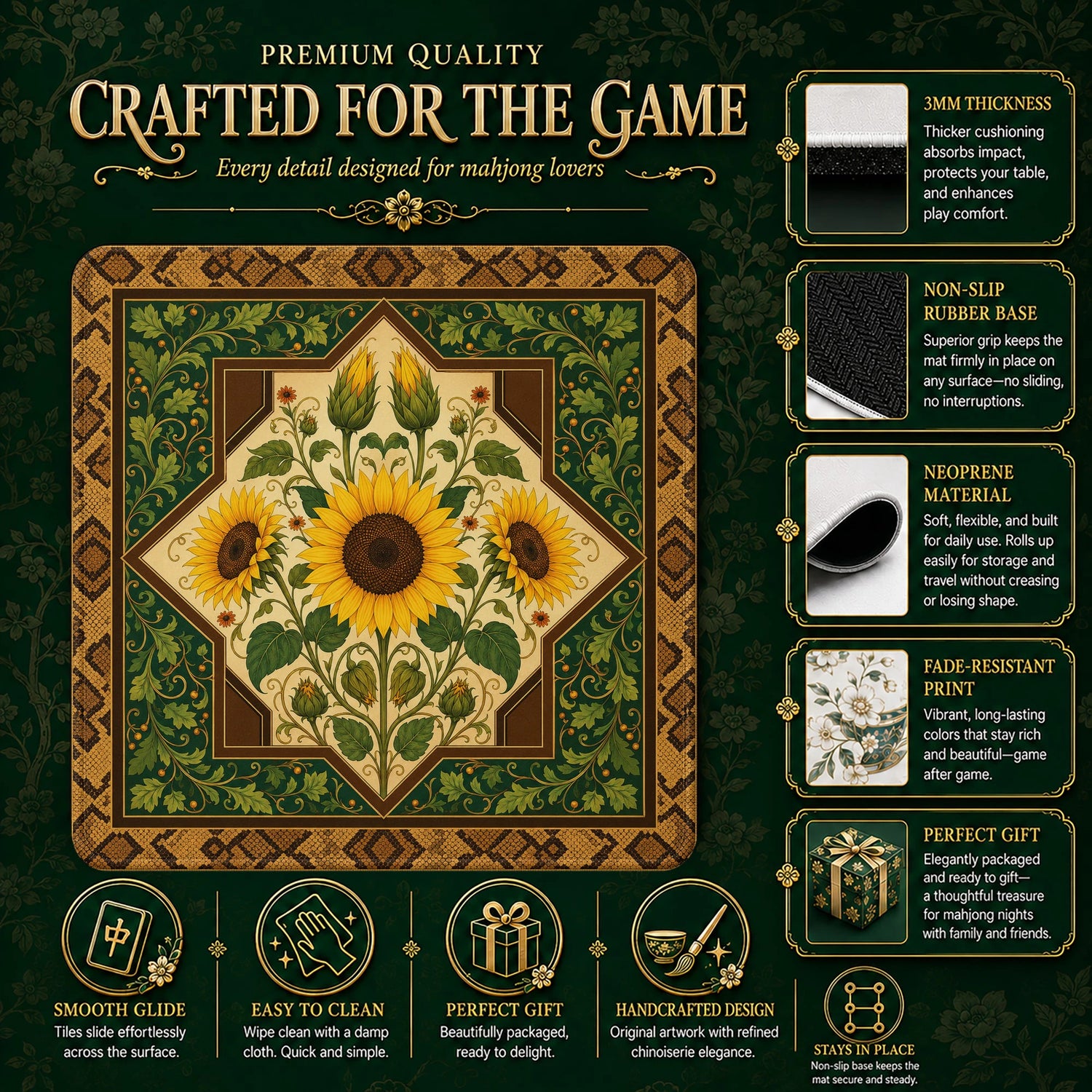 Sunflower mahjong mat – M (60x60 cm) and L (81x81 cm) sizes