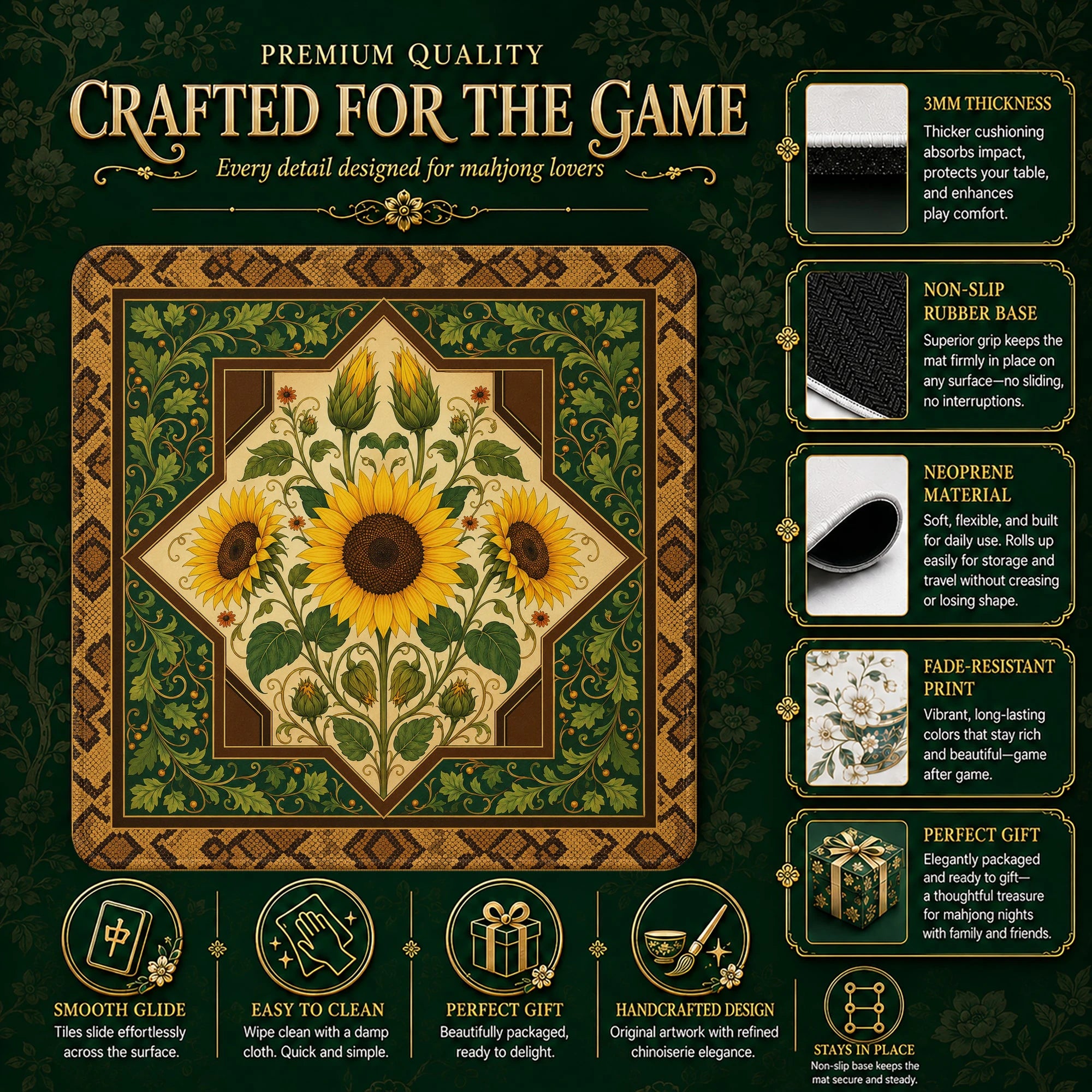 Sunflower mahjong mat – M (60x60 cm) and L (81x81 cm) sizes
