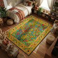 Sunflower and poppy wildflower garden area rug with dense blooms and scrolling gold border