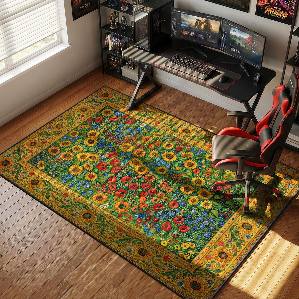 Garden wildflower rug placed in a bright kitchen with white cabinets and honey wood floor