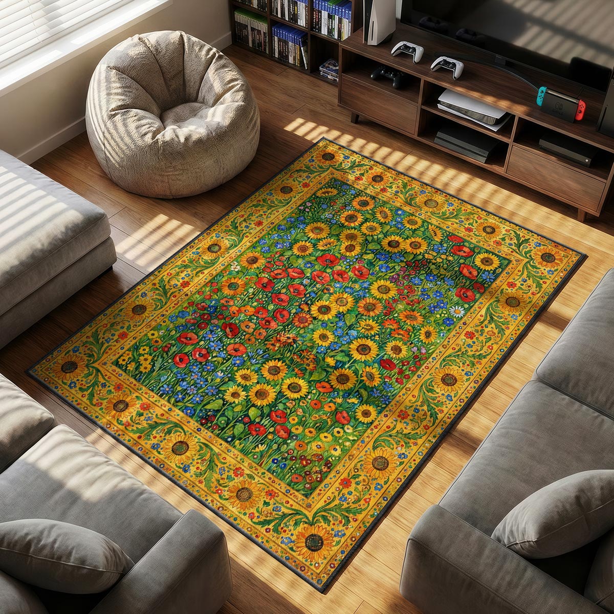 Close-up of sunflower poppy field rug showing layered petal detail and smooth velvet texture