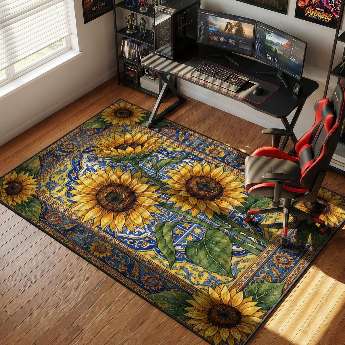 Sunflower kitchen rug on light hardwood floor in a bright kitchen with yellow accents and flowers