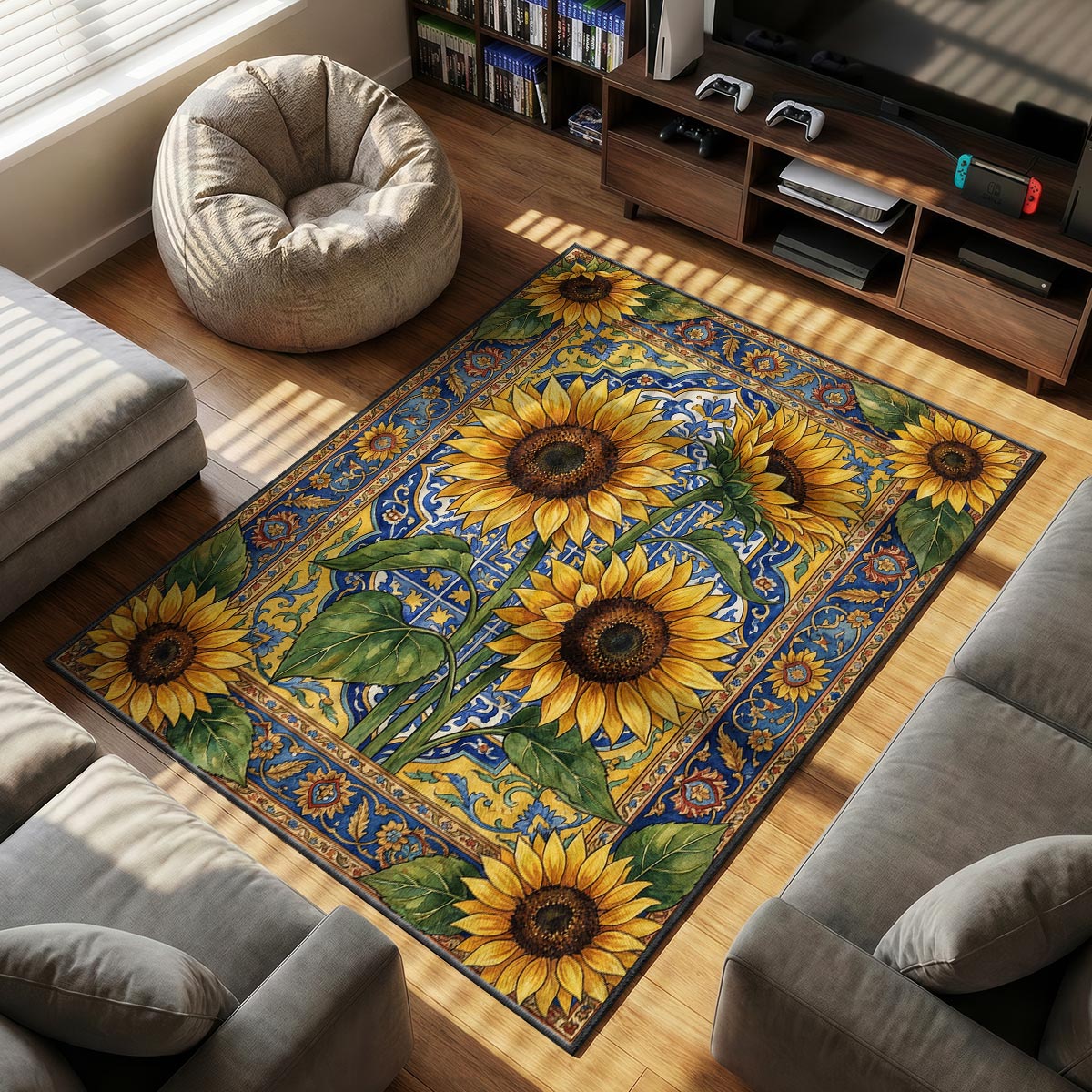 Close-up of sunflower mat showing dark seed center detail and golden petal texture on velvet