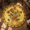 Sunflower Vase floral round rug in a styled room - floral circle area rug