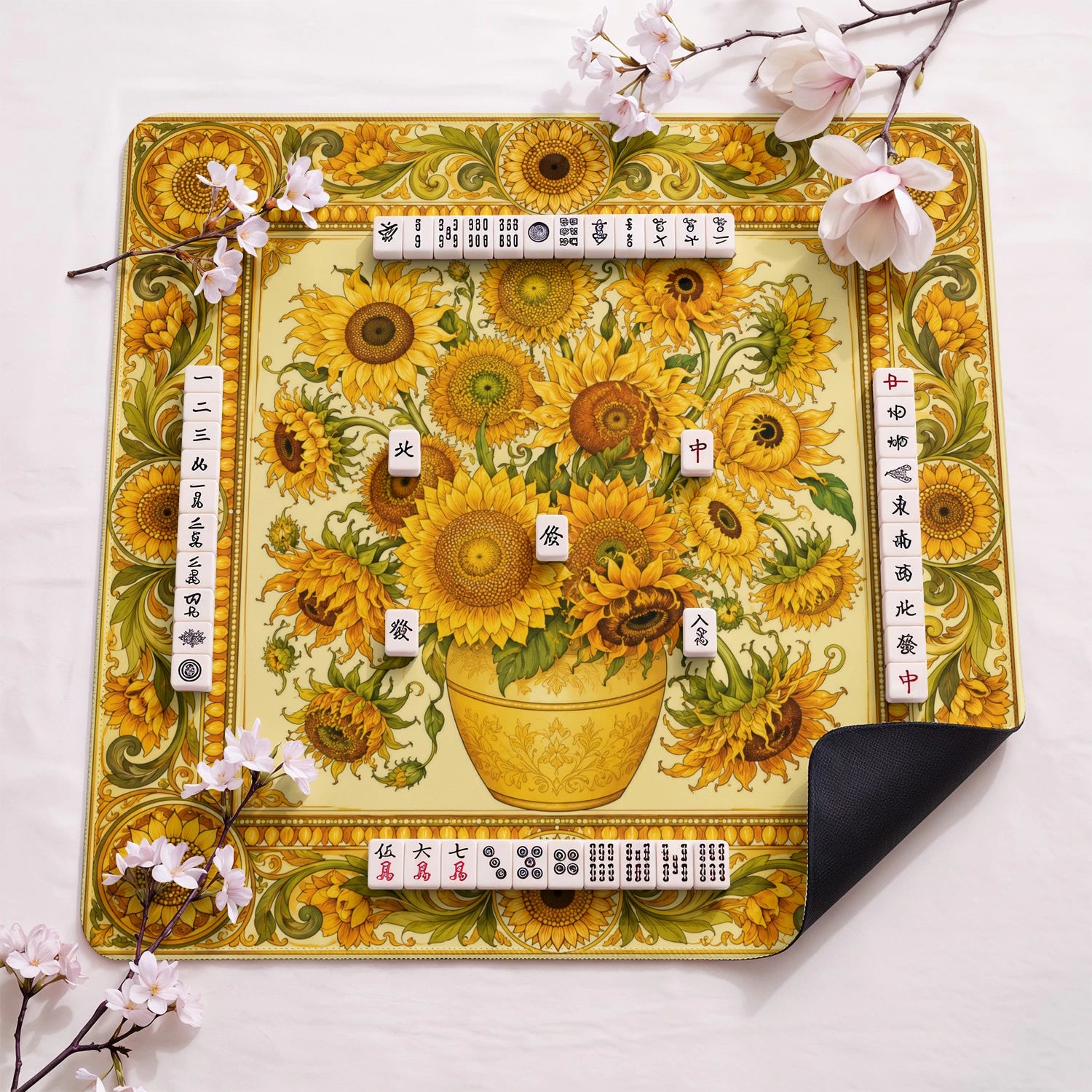 Sunflowers Vase design close-up on mahjong mat surface
