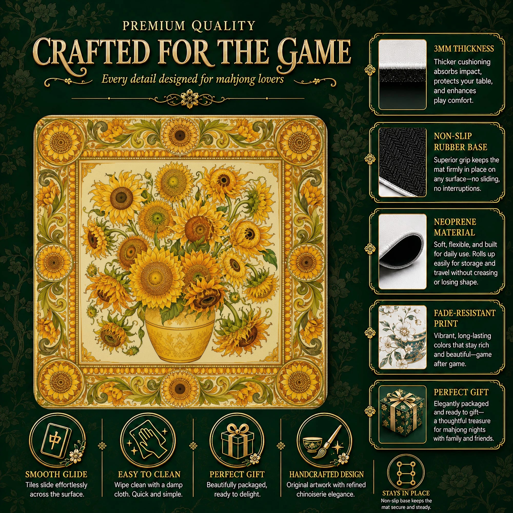 Sunflowers Vase mahjong mat – M (60x60 cm) and L (81x81 cm) sizes