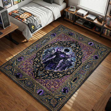 Sung Jin-Woo standing with shadow army in ornamental Persian design area rug and floor mat