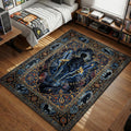 Sung Jin-Woo silhouette dual wielding daggers surrounded by blue runes on ornate Persian style area rug and floor mat