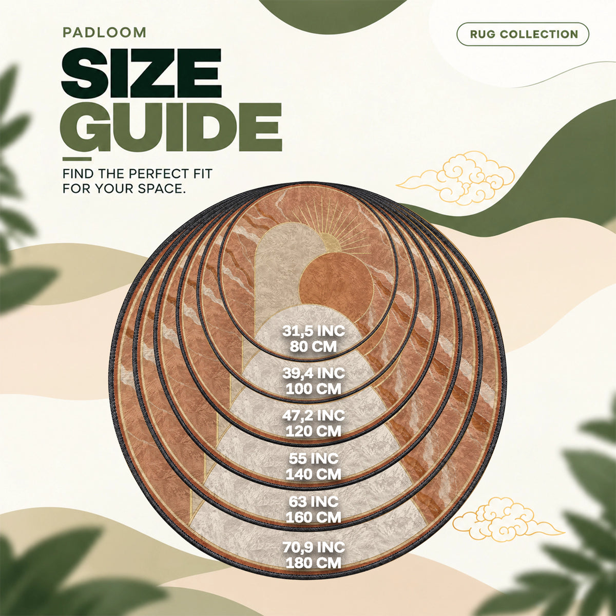 Sunrise Terracotta round rug size guide, 80 to 180 cm (31.5 to 70.9 in)