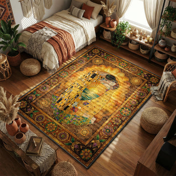 Klimt-style romantic embrace area rug with golden robes and sunset mandala border design