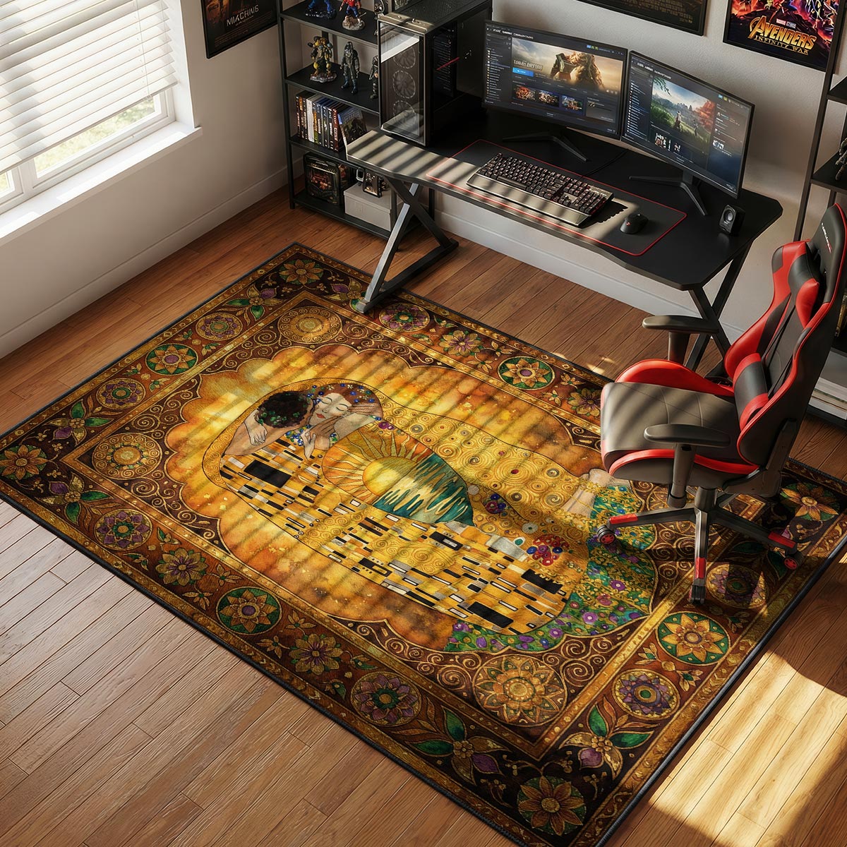 Romantic golden embrace rug placed beside a bed in a warm-lit bedroom with candles