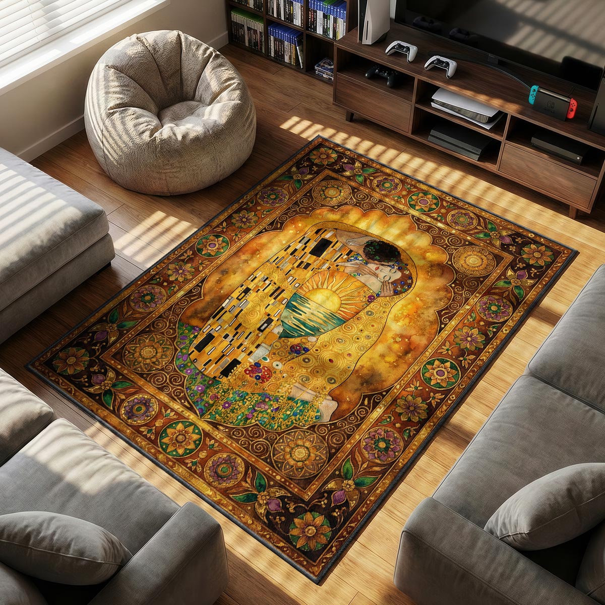 Close-up of sunset embrace rug showing patterned robe detail and dye-sublimation print quality