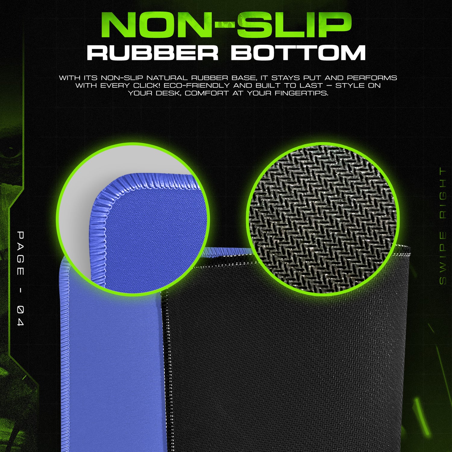 Product packaging with non-slip rubber bottom feature highlighted on a dark background.