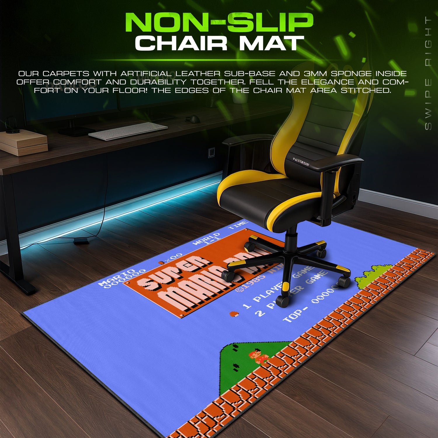 Gaming chair on a Super Mario-themed non-slip chair mat in a room setting.