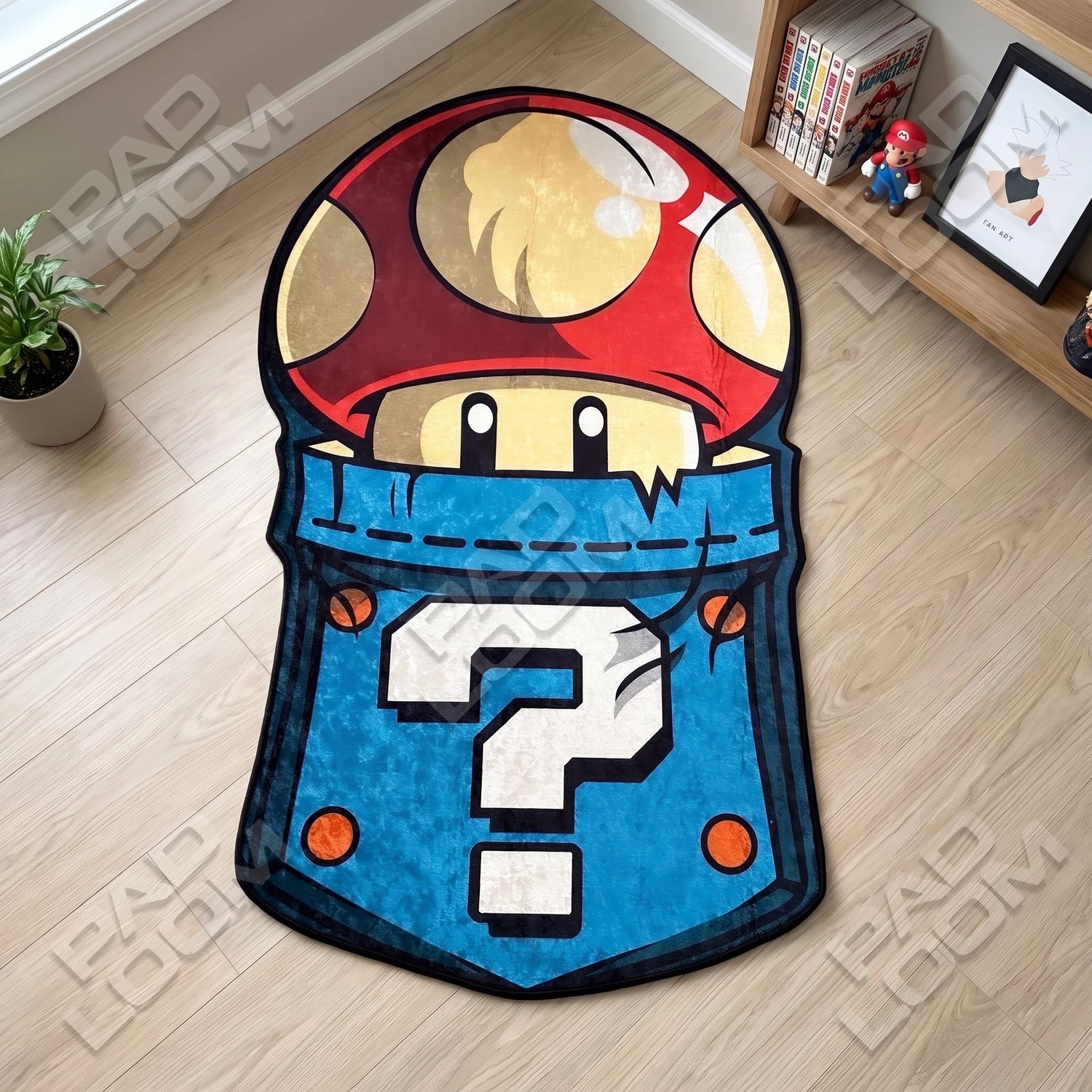 Super Mario Mushroom shaped rug shown in a room setting