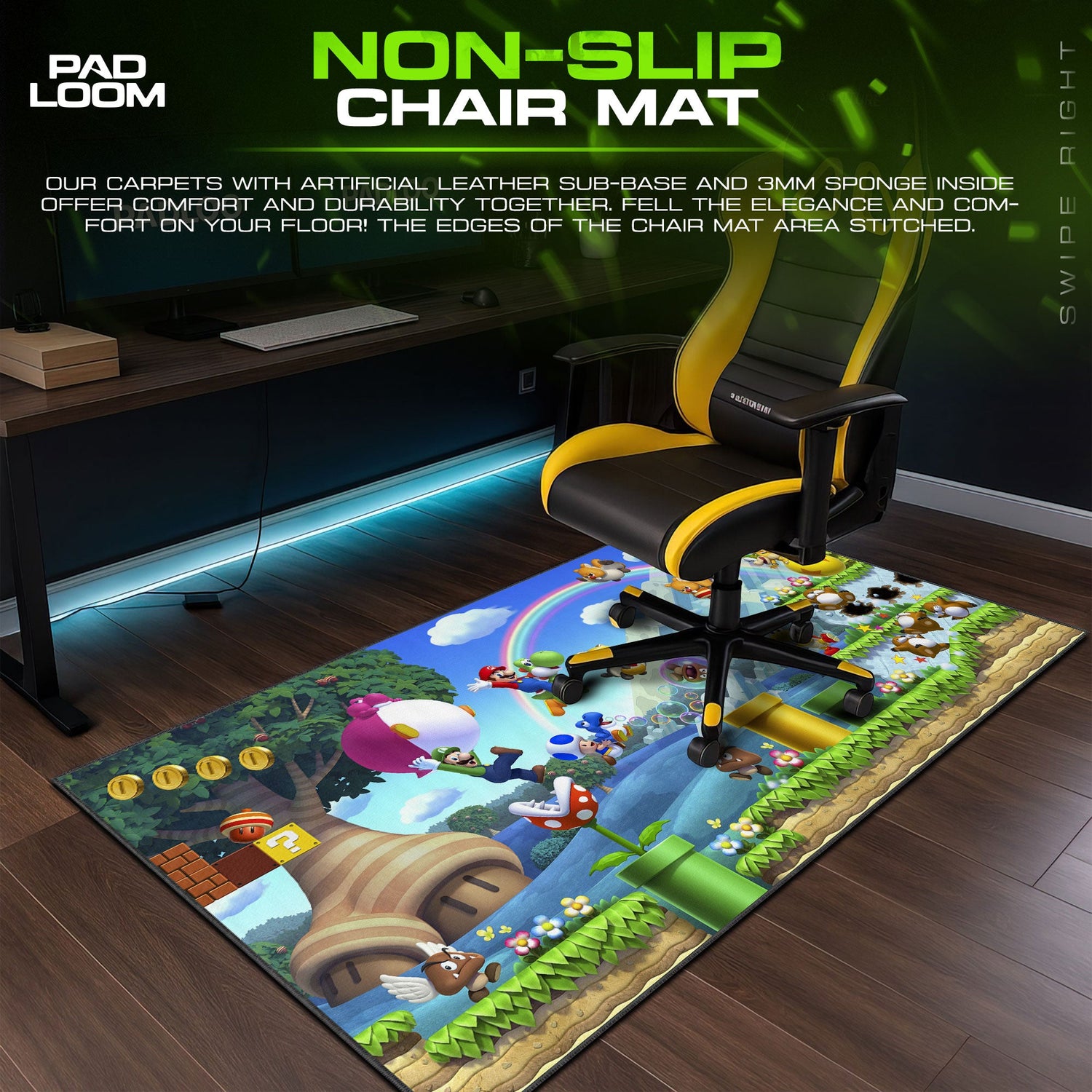 Super Mario Rainbow World Mouse Pad, Game Gamer Desk Mat Padloom