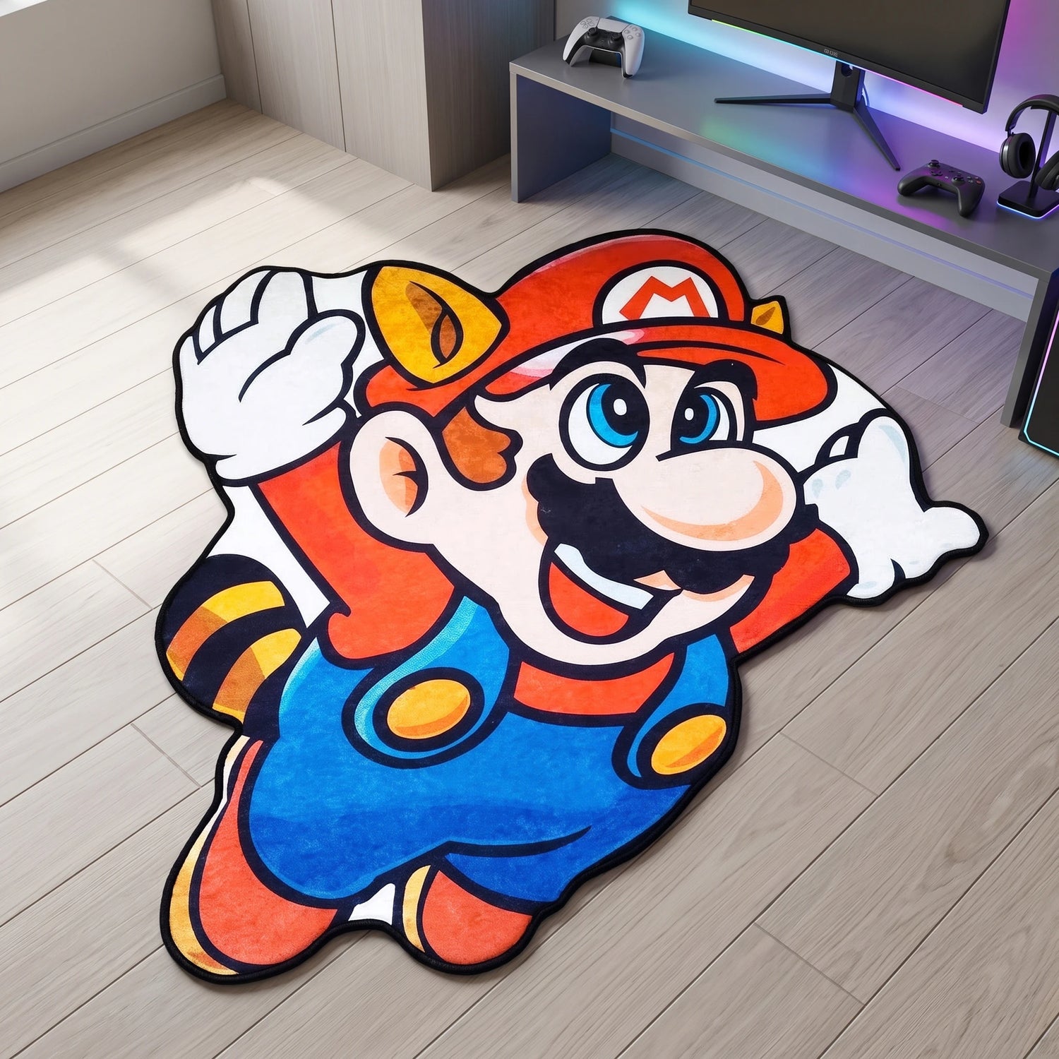 Super Mario shaped rug shown in a room setting
