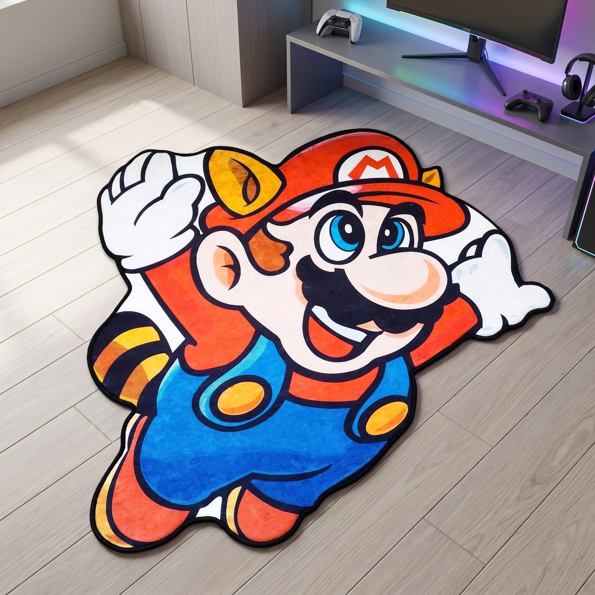 Super Mario shaped rug shown in a room setting