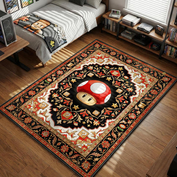 Red Super Mushroom surrounded by power stars and question blocks in intricate Persian style gaming area rug and floor mat