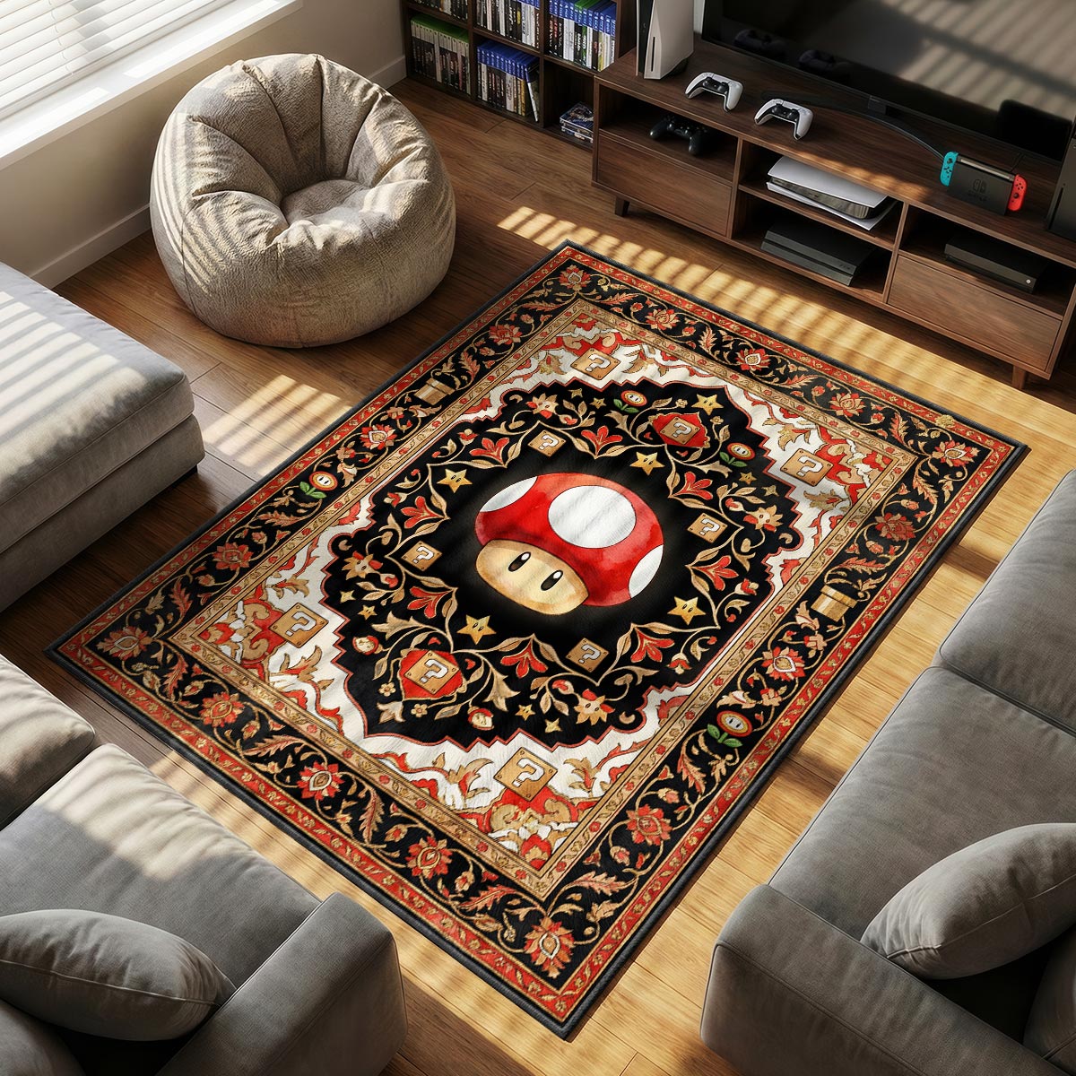 Super Mushroom themed area rug for home decor fans