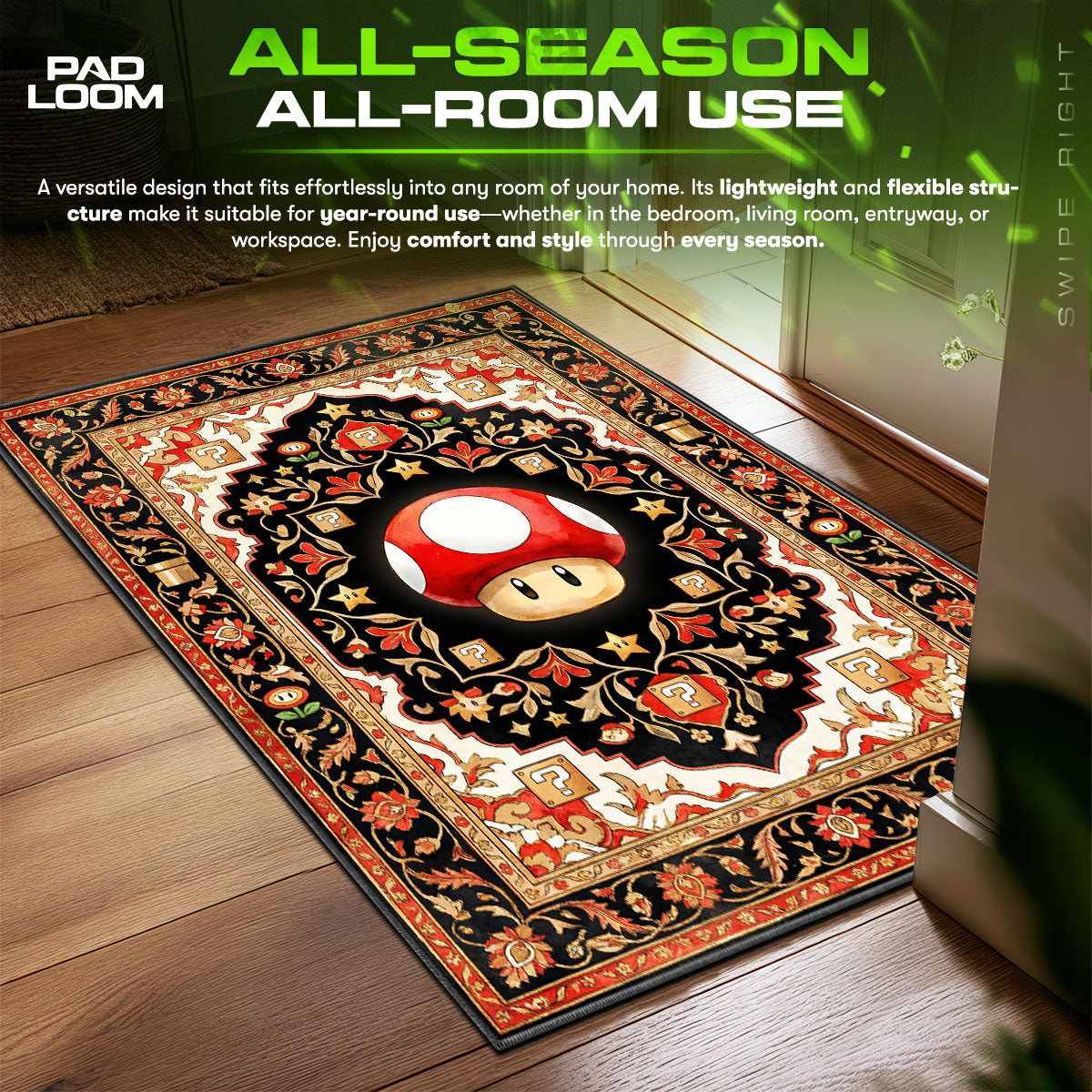Super Mushroom Power Up Super Mario Chair fan rug — premium quality print