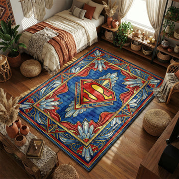 Superman S shield surrounded by Kryptonian crystals Art Deco watercolor style movie themed area rug and home theater mat