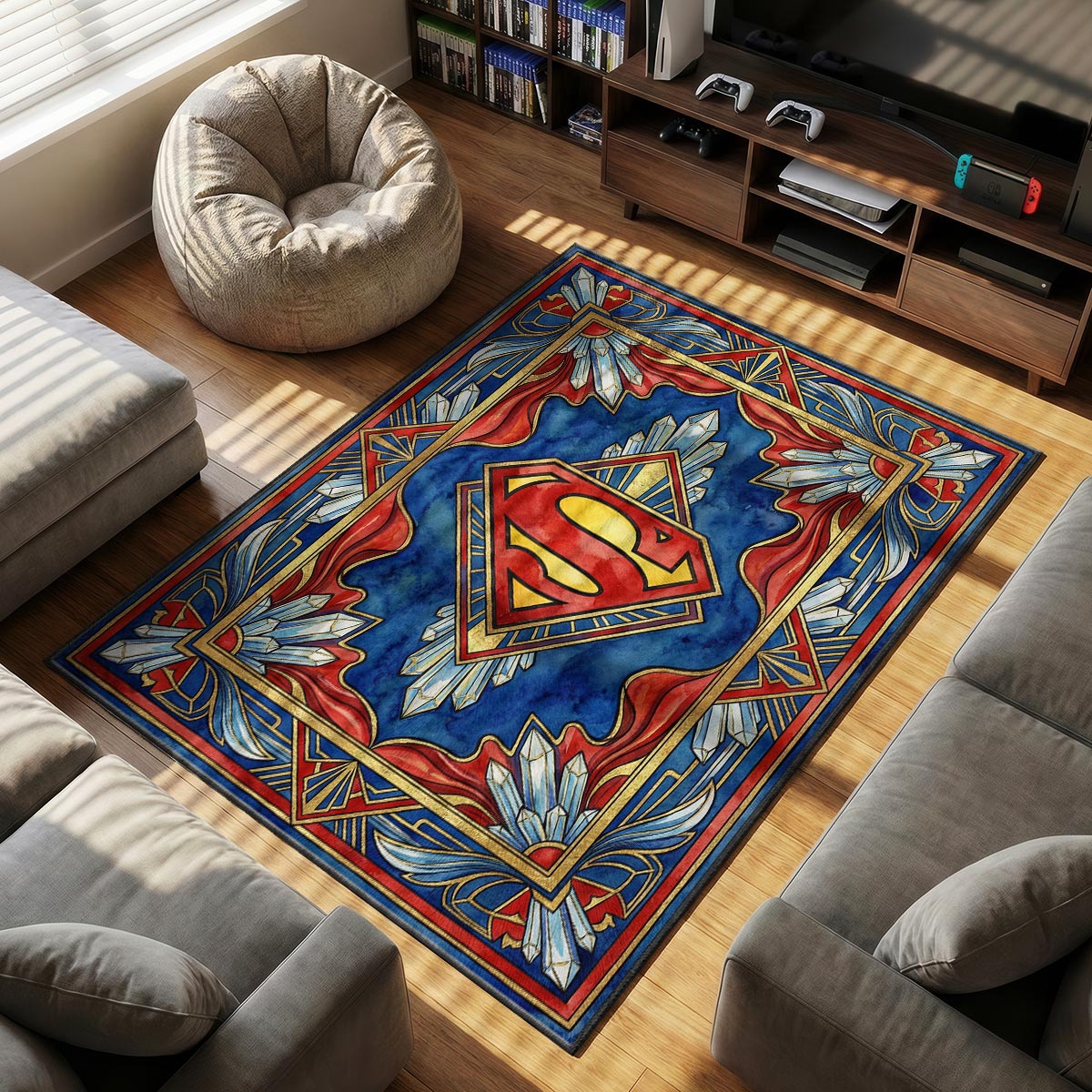 Superman Art themed area rug for home decor fans