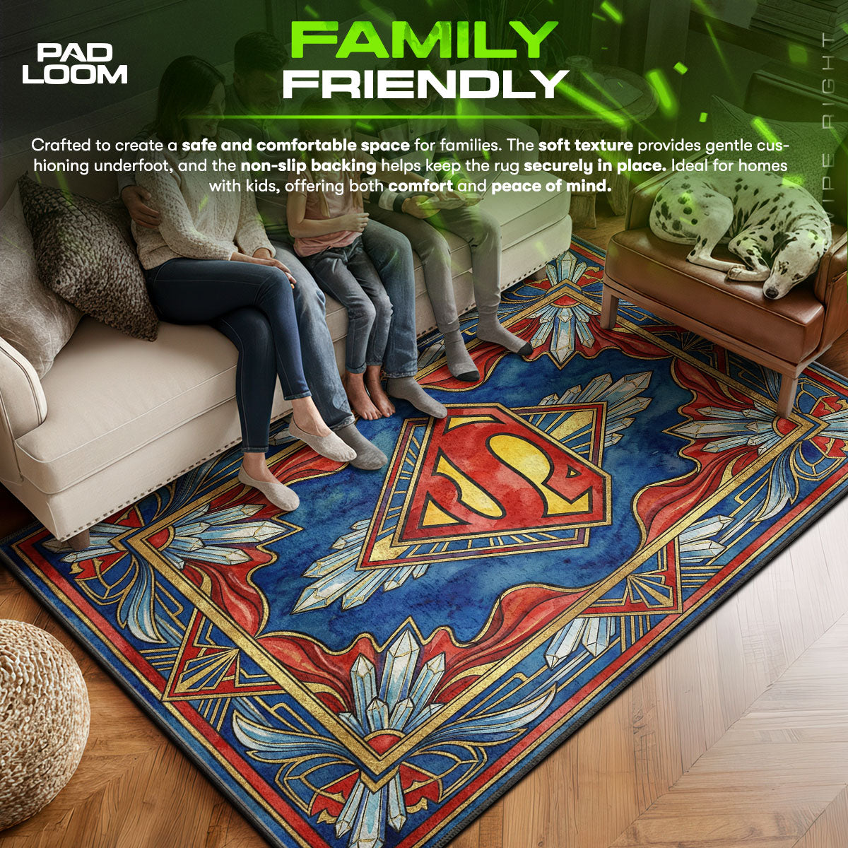 Superman area rug showing full home decor artwork
