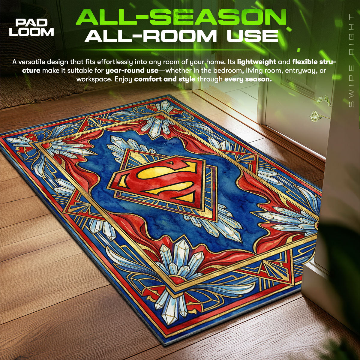 Superman Art Deco Shield DC Comics Room fan rug — premium quality print