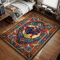 Superman in a dynamic landing pose surrounded by Kryptonian crystals and crests in an ornate red and blue tapestry art style movie themed area rug and home theater mat