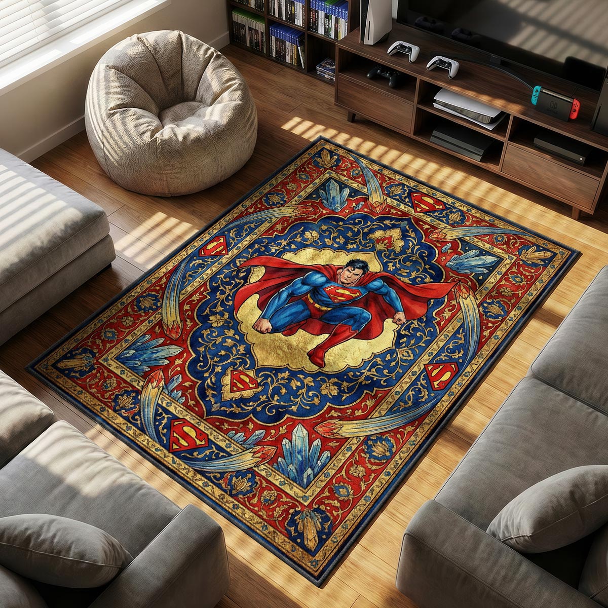 Superman Krypton themed area rug for home decor fans