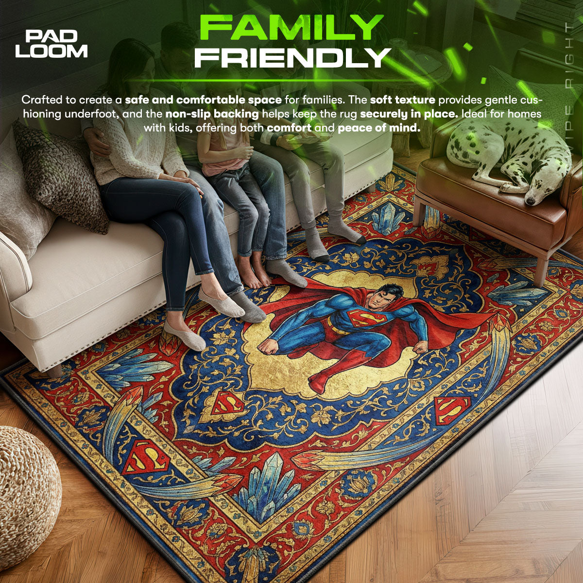 Superman area rug showing full home decor artwork