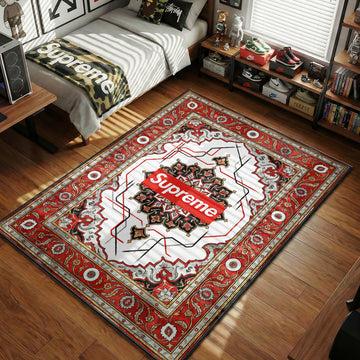 Supreme Box Logo red and white traditional oriental paisley pattern hypebeast area rug