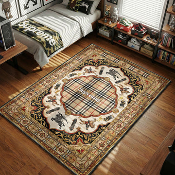 Supreme Burberry Nova Check equestrian knight skateboards tan black and red hypebeast area rug