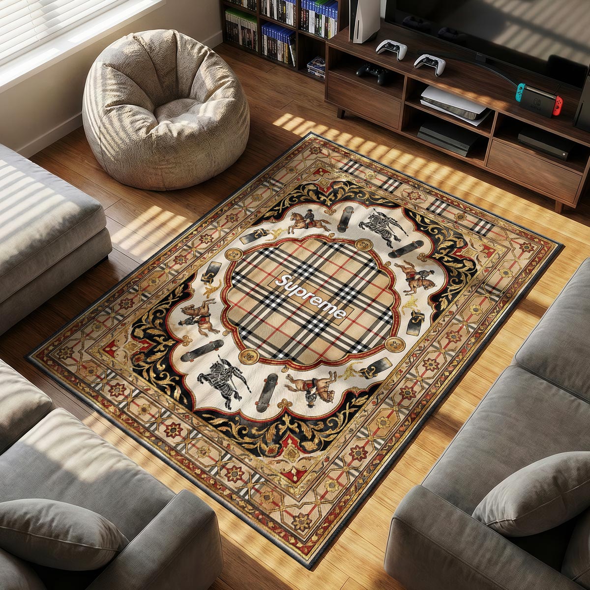 Supreme Burberry themed area rug for home decor fans