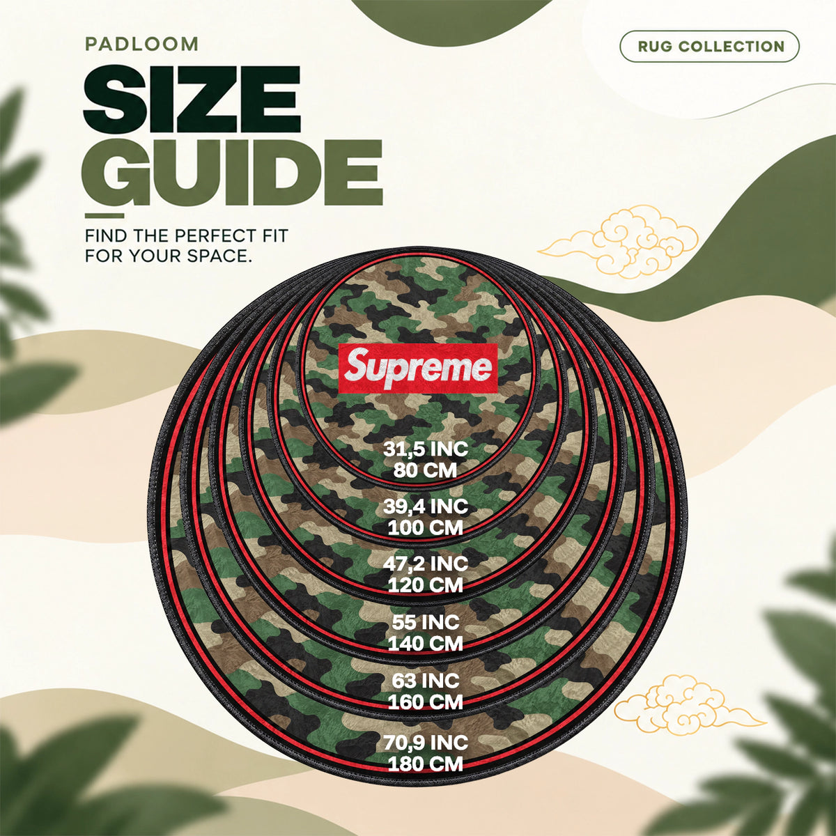 Supreme Camo round rug size guide, 80 to 180 cm (31.5 to 70.9 in)