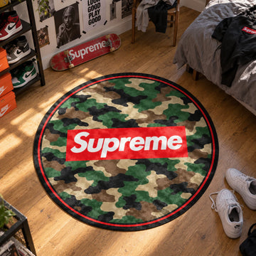 Supreme Camo hypebeast round rug on a bedroom floor - hypebeast chair mat