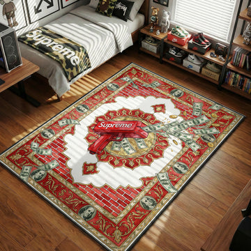 Supreme red money gun shooting cash urban brick background hypebeast area rug