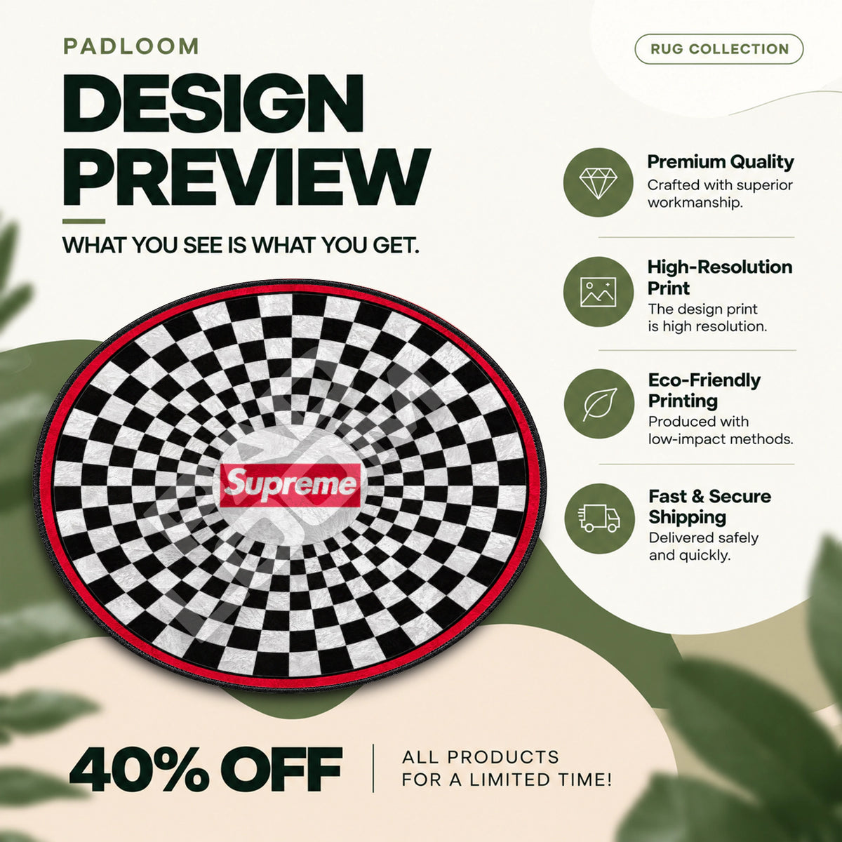 Supreme Checkerboard hypebeast round rug full design preview