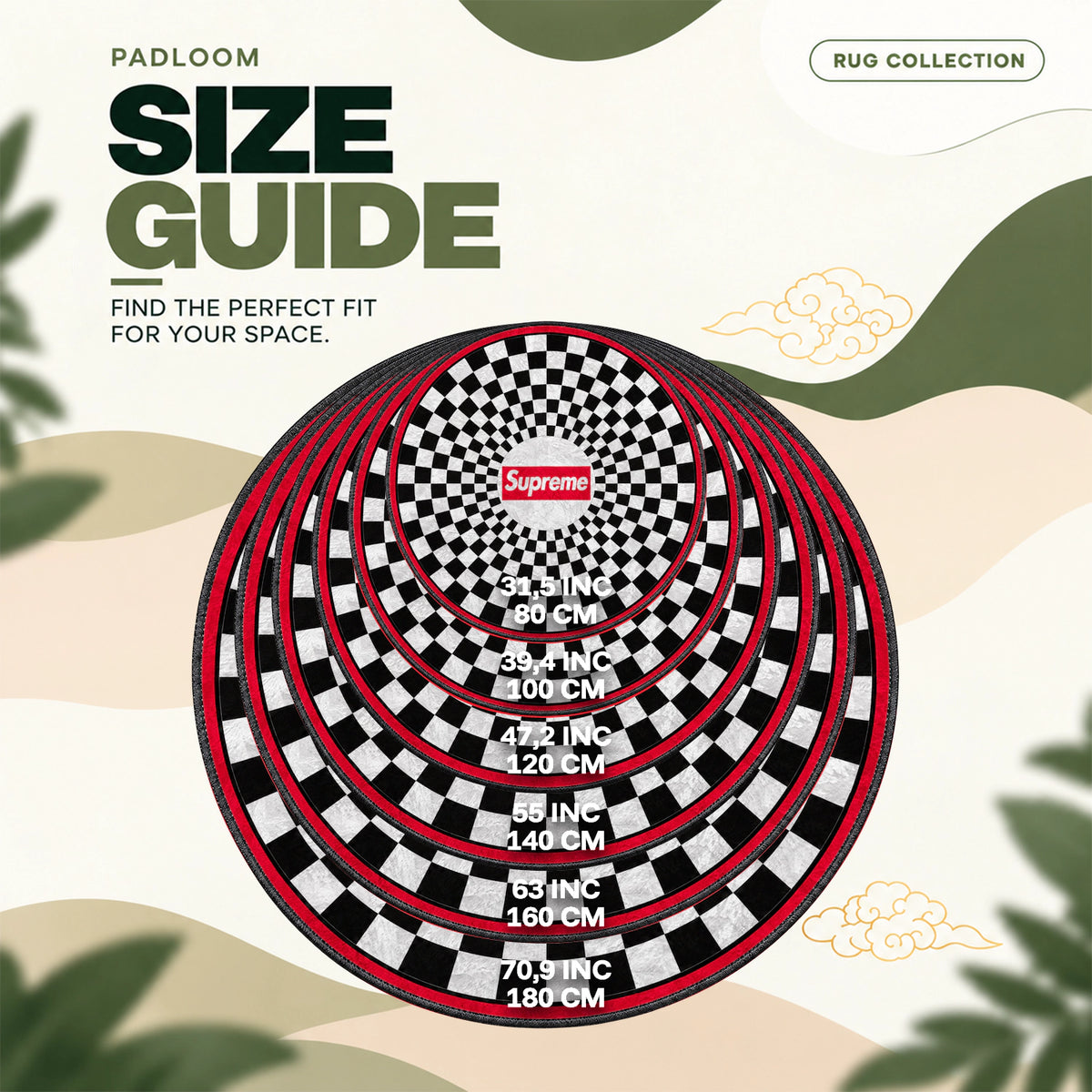 Supreme Checkerboard round rug size guide, 80 to 180 cm (31.5 to 70.9 in)