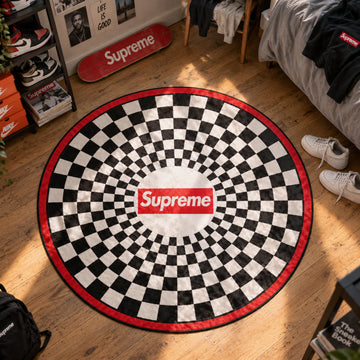 Supreme Checkerboard hypebeast round rug on a bedroom floor - hypebeast chair mat