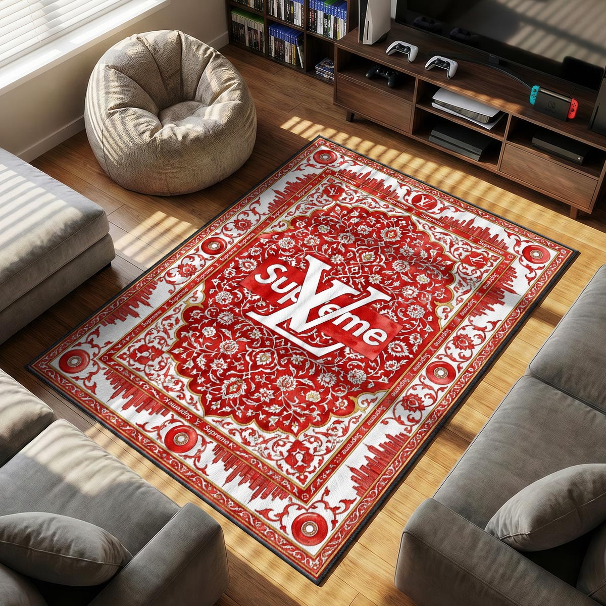 Supreme LV themed area rug for home decor fans