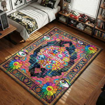 Supreme Takashi Murakami smiling flowers skulls melting eyes pink blue hypebeast area rug