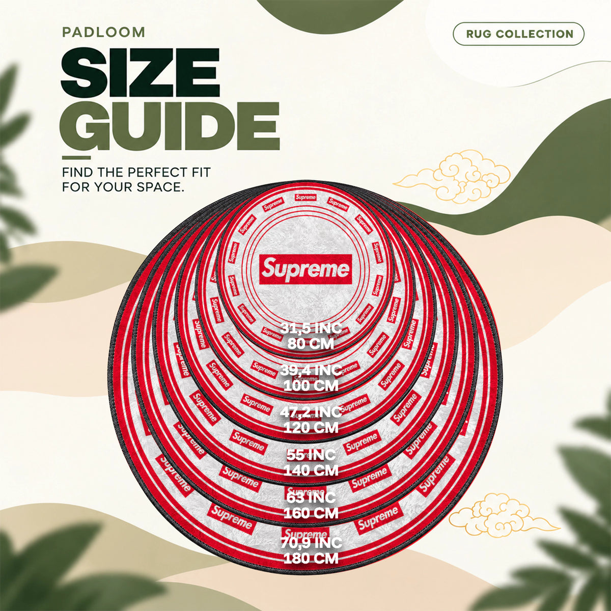 Supreme Orbit round rug size guide, 80 to 180 cm (31.5 to 70.9 in)