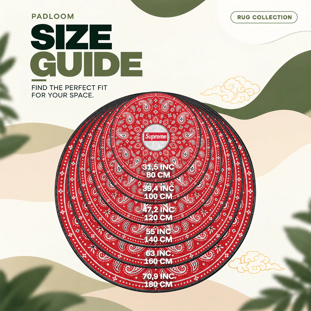 Supreme Paisley round rug size guide, 80 to 180 cm (31.5 to 70.9 in)