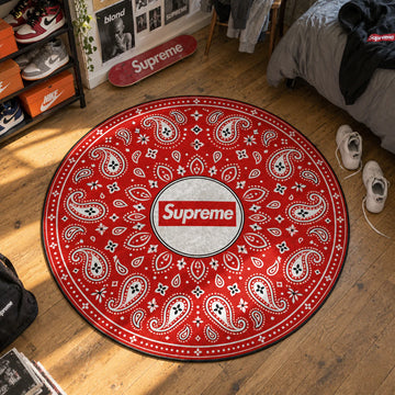 Supreme Paisley hypebeast round rug on a bedroom floor - hypebeast chair mat