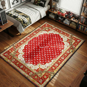 Supreme red box logo monogram gold chains luxury hypebeast area rug