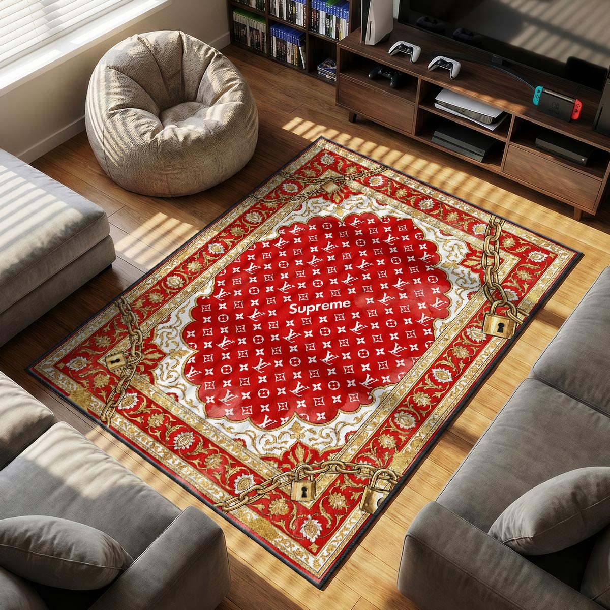 Supreme Red themed area rug for home decor fans