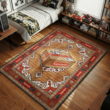 Supreme shipping box rug with red logo border, brick detail trim, and tan baroque medallion center
